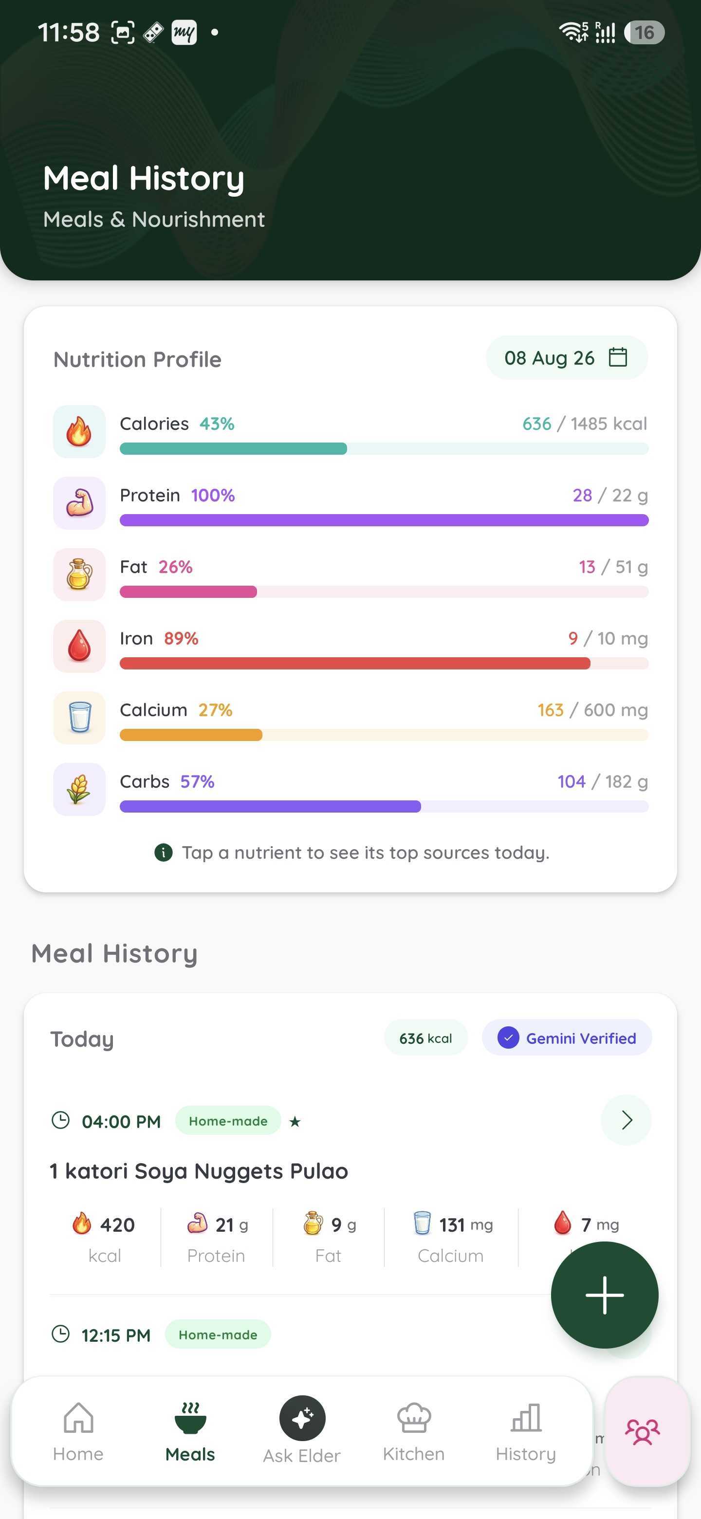 Meal analytics screen with daily nutrients and meal history