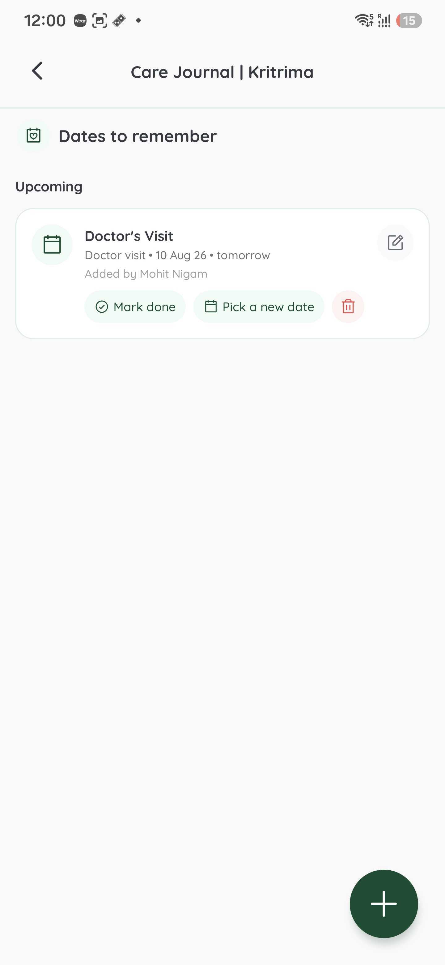 Care Journal dates screen with reminder actions