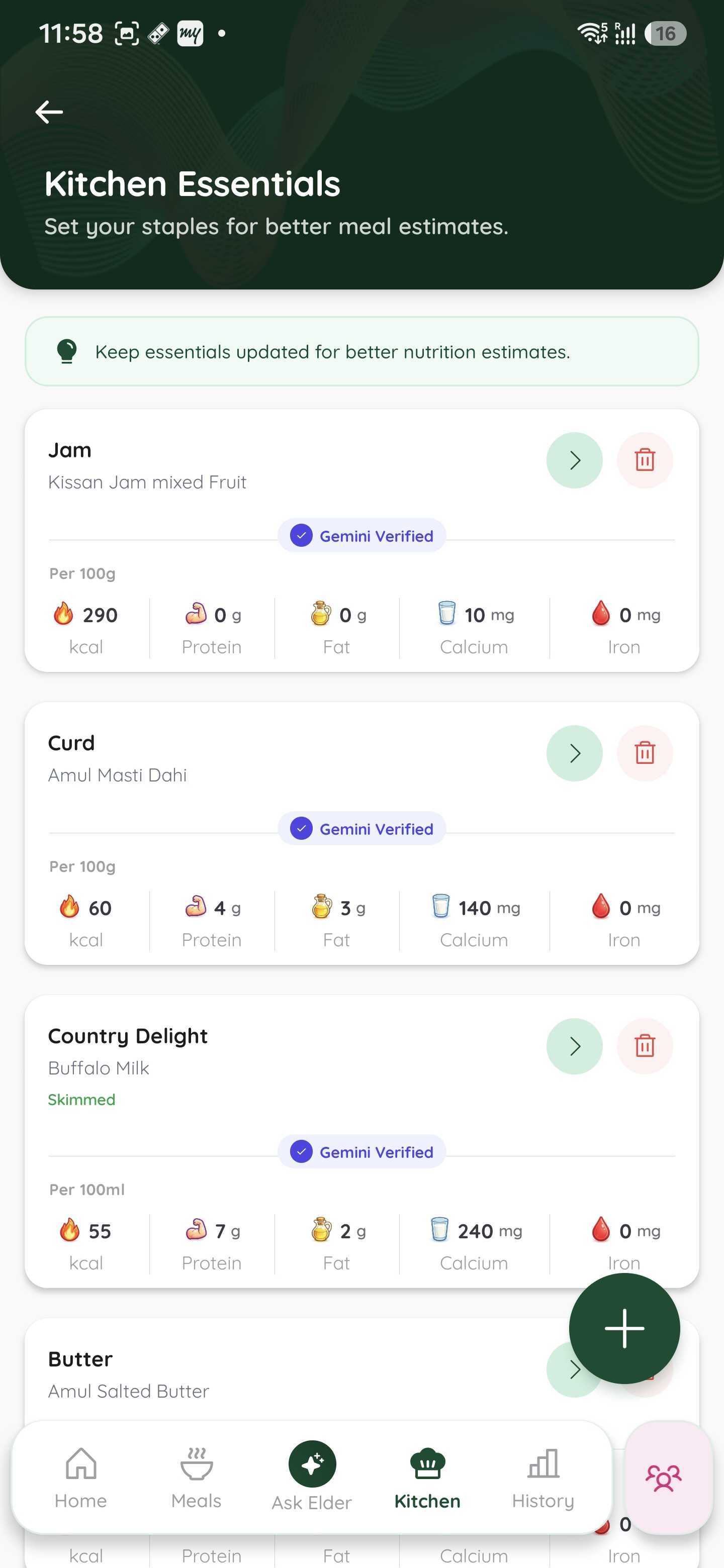 Kitchen Essentials screen with staple nutrition