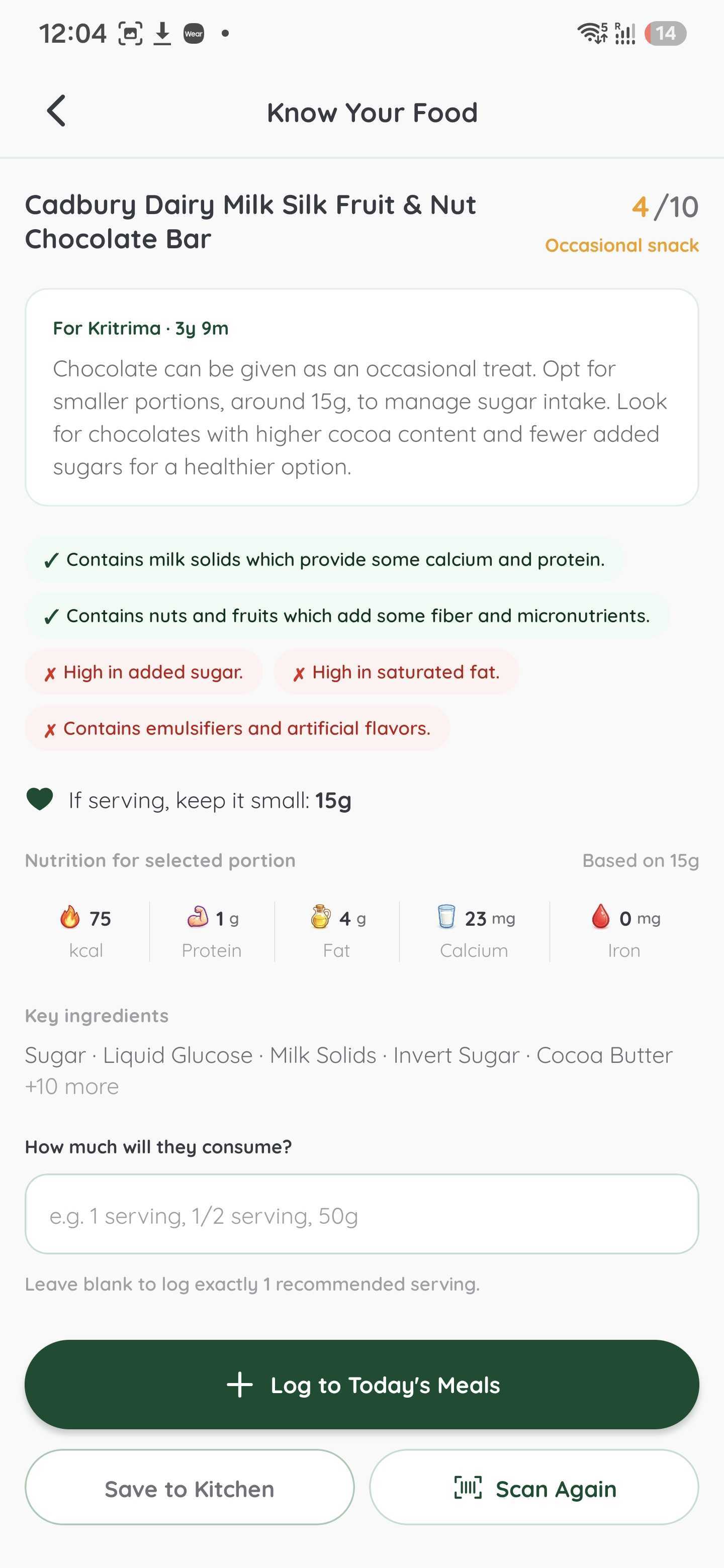 Know Your Food result screen with suitability guidance and nutrition