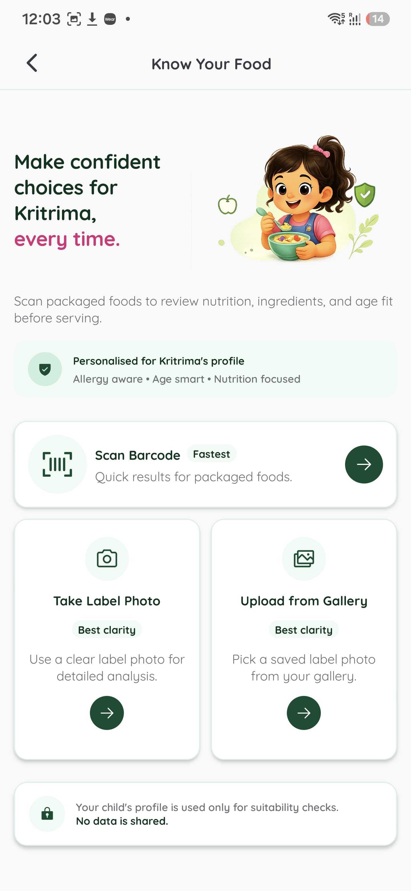 Know Your Food screen with barcode, label photo, and upload options