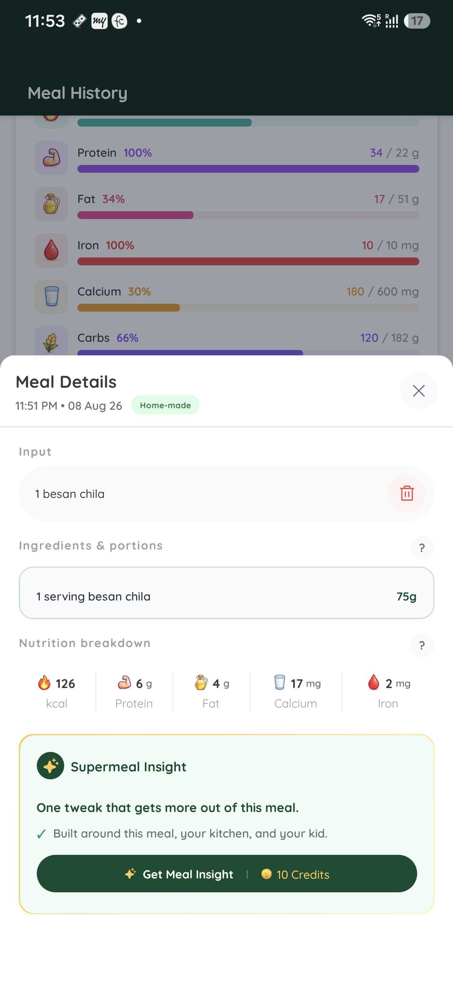 Log a Meal sheet with text, voice, photo, and barcode modes