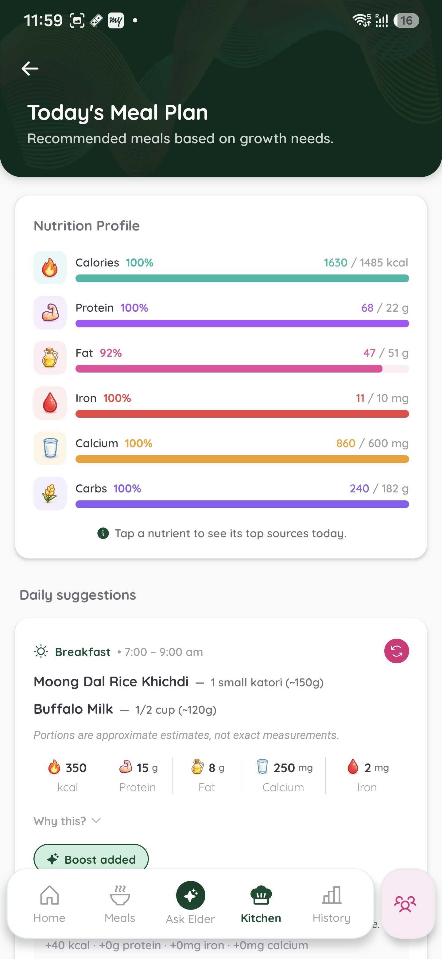 Today's Meal Plan screen with nutrition profile and daily suggestions