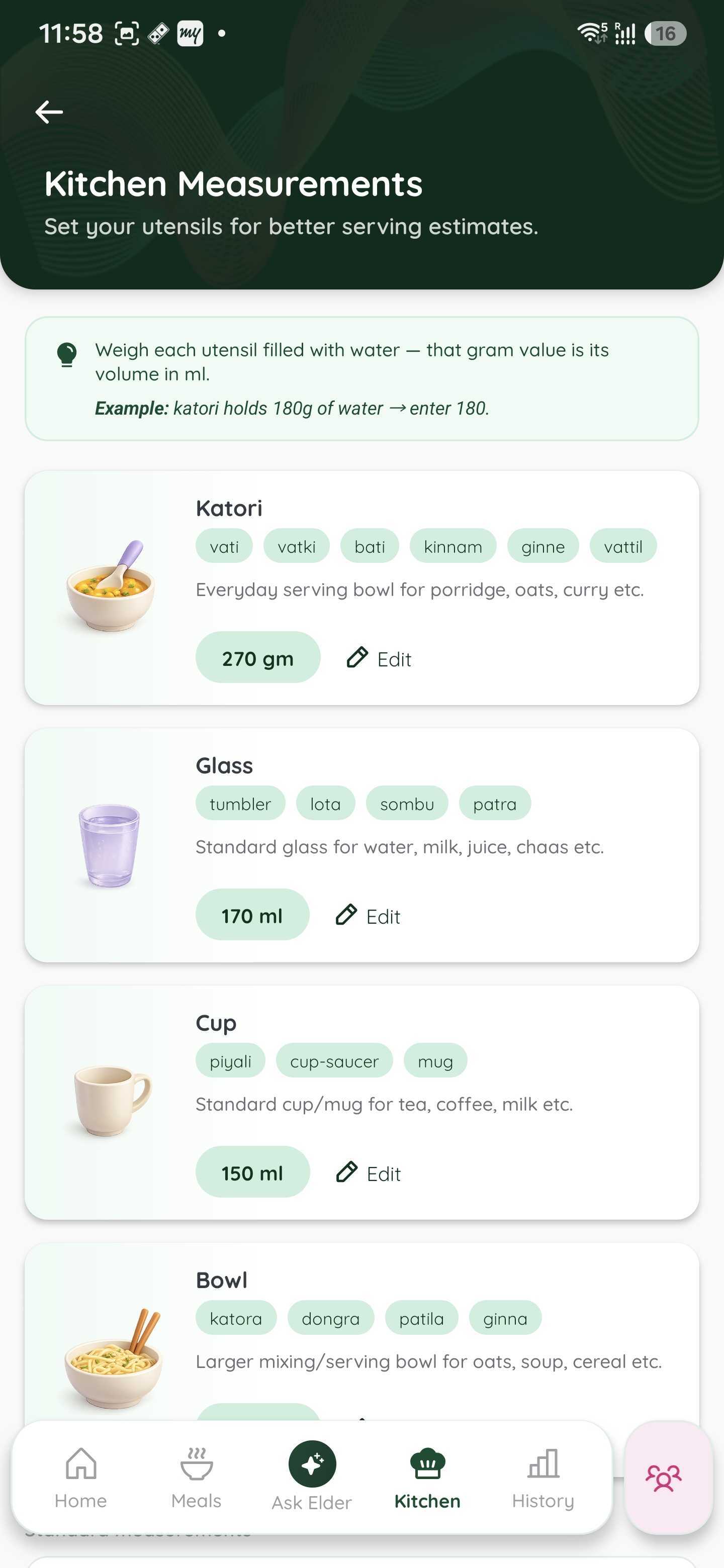 Kitchen Measurements screen for katori, glass, cup, and bowl