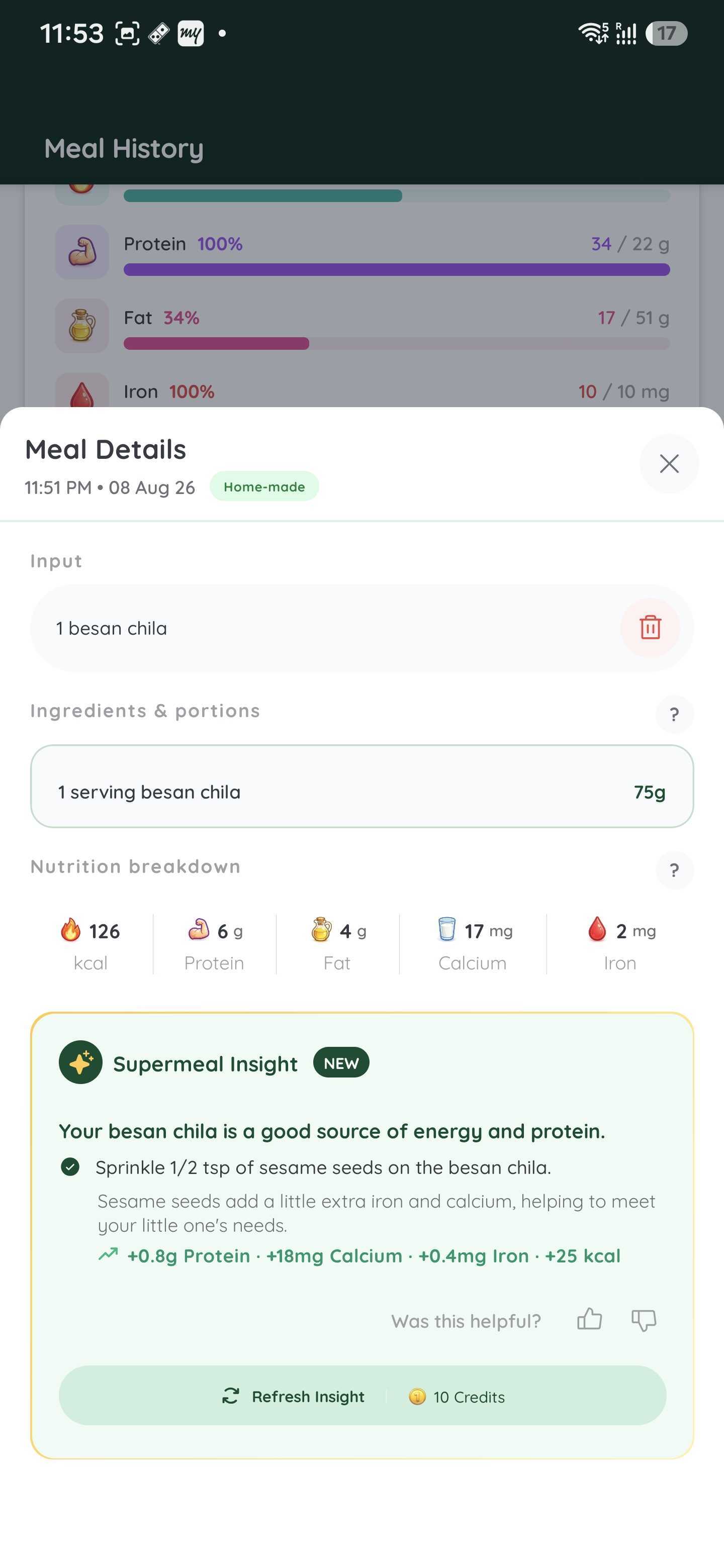 Meal details screen with Supermeal Insight and nutrition lift