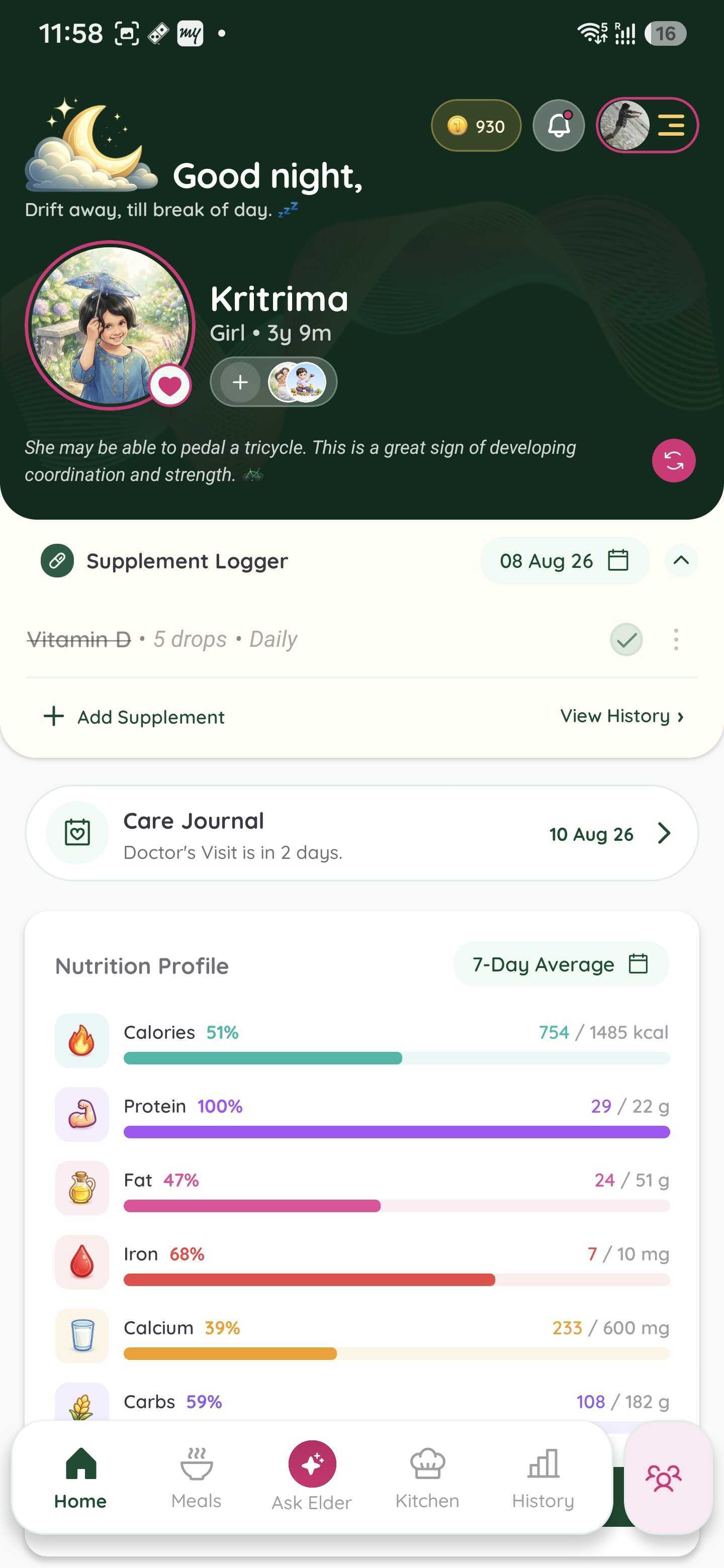 Home screen with the expanded Supplement Logger and active supplements
