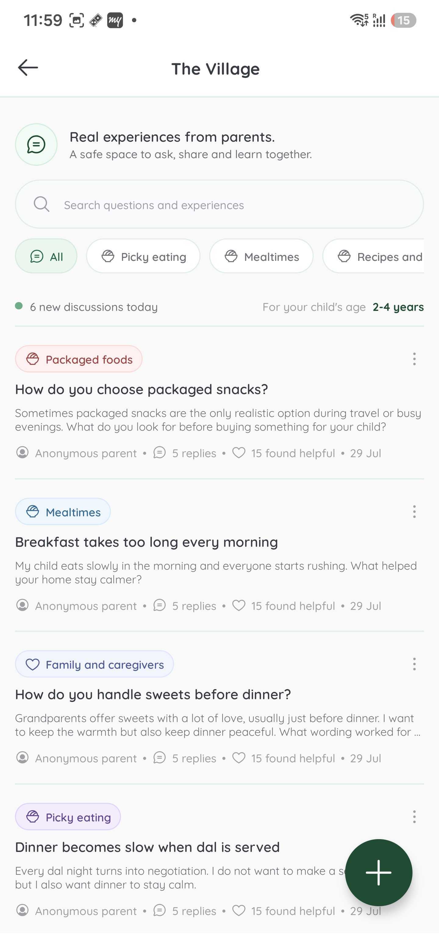 The Village screen with parent discussion threads