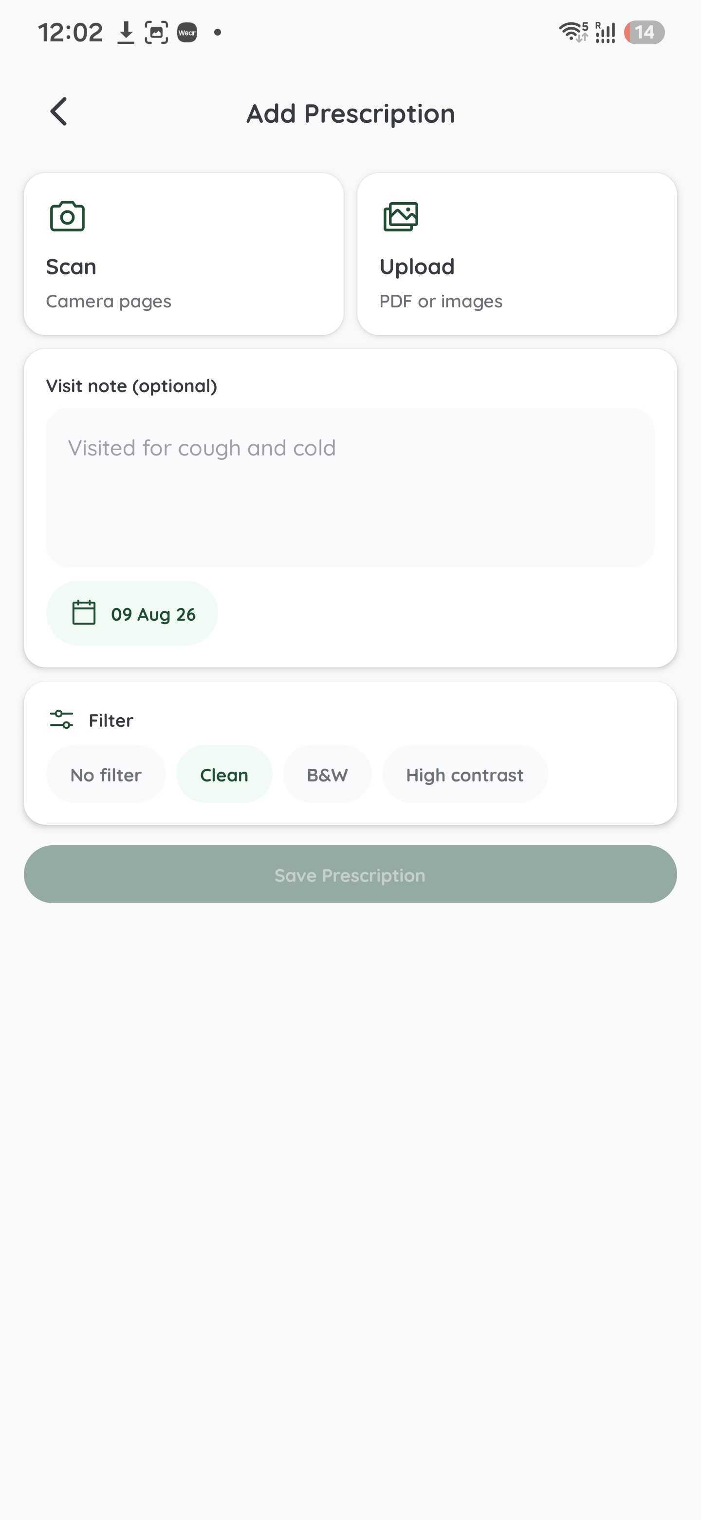 Upload Prescription screen with prescription photo options