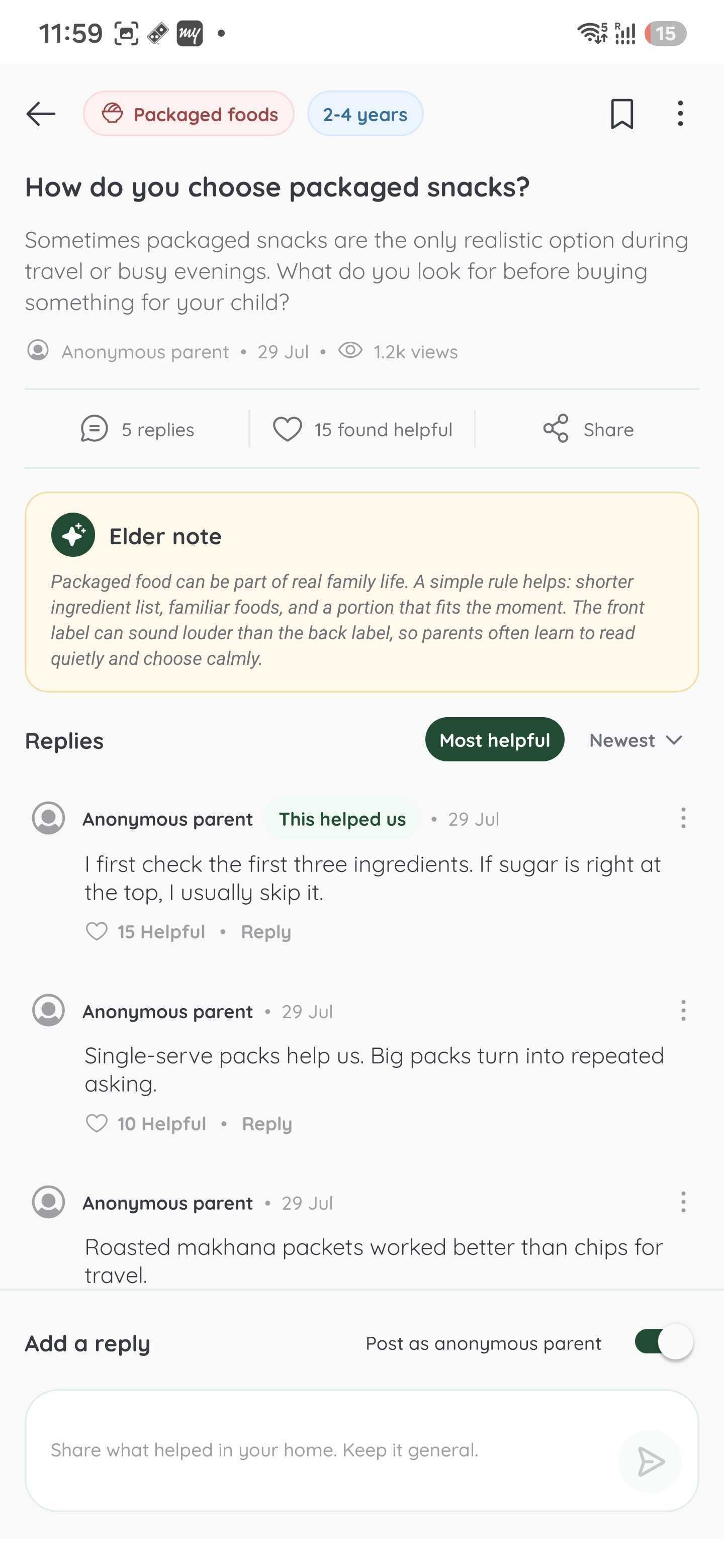 Village thread screen with replies and helpful actions